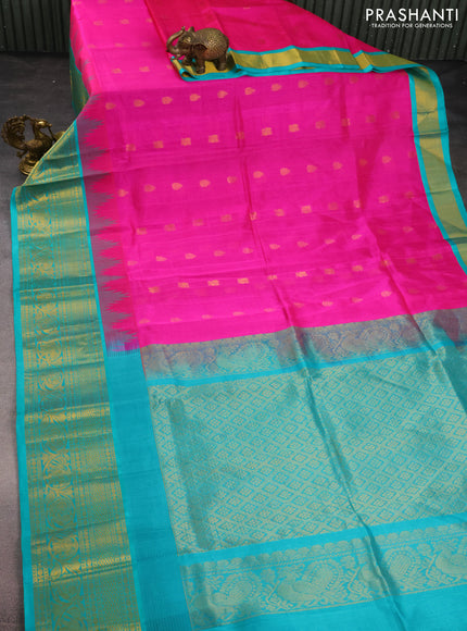 Kuppadam silk cotton saree pink and teal blue with zari woven buttas and temple design zari woven border
