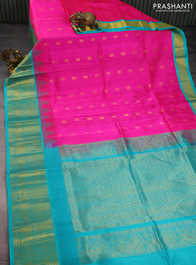 Kuppadam silk cotton saree pink and teal blue with zari woven buttas and temple design zari woven border