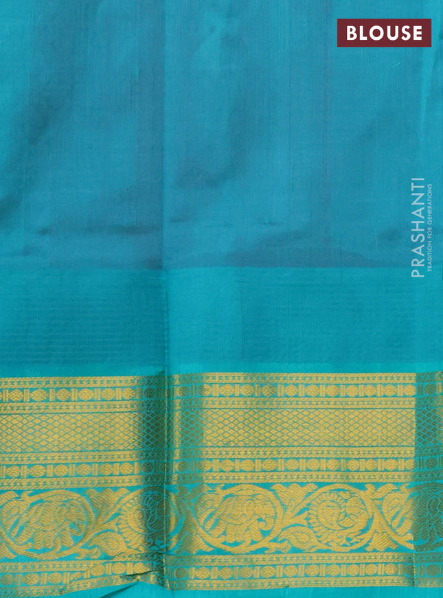 Kuppadam silk cotton saree pink and teal blue with zari woven buttas and temple design zari woven border