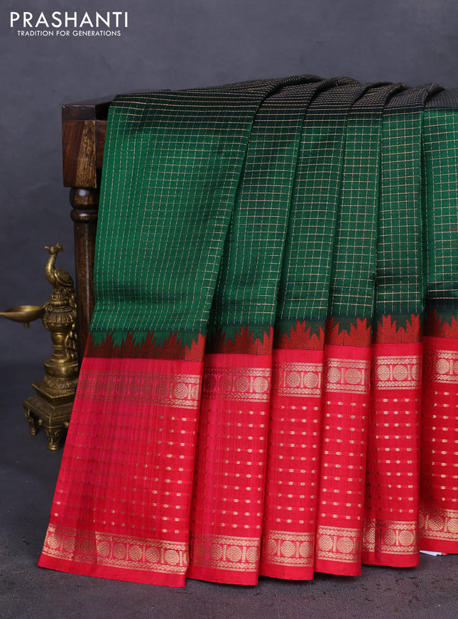 Kuppadam silk cotton saree green and pink with allover small zari checks and temple design zari woven border