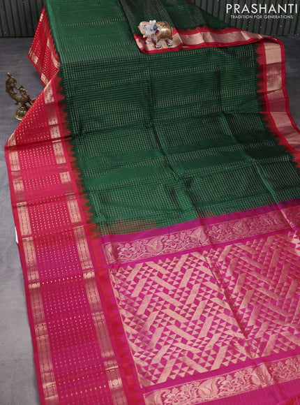 Kuppadam silk cotton saree green and pink with allover small zari checks and temple design zari woven border