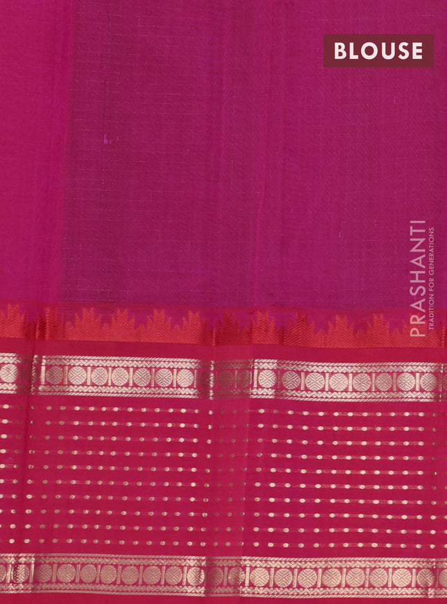 Kuppadam silk cotton saree green and pink with allover small zari checks and temple design zari woven border