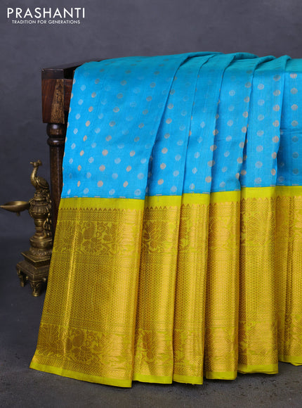 Kuppadam silk cotton saree light blue and lime yellow with silver & gold zari woven buttas and long annam zari woven border
