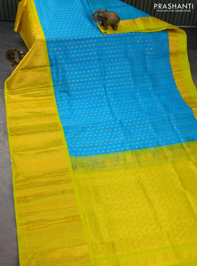 Kuppadam silk cotton saree light blue and lime yellow with silver & gold zari woven buttas and long annam zari woven border