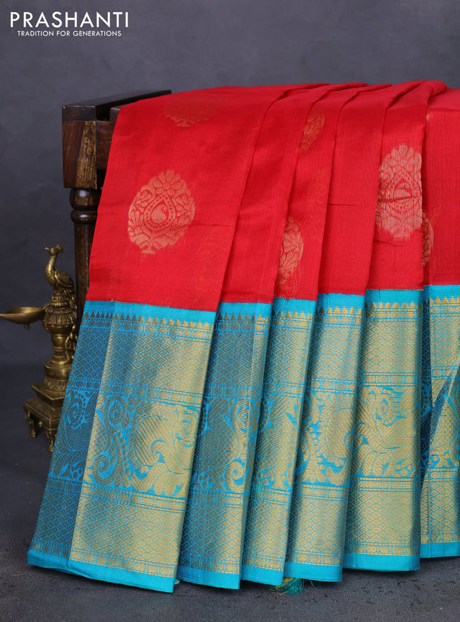 Kuppadam silk cotton saree red and teal blue with zari woven buttas and long annam zari woven border