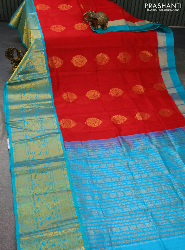 Kuppadam silk cotton saree red and teal blue with zari woven buttas and long annam zari woven border