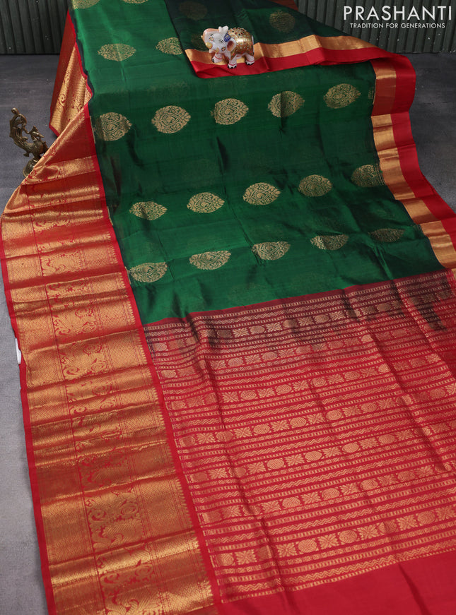 Kuppadam silk cotton saree green and red with zari woven buttas and long annam zari woven border