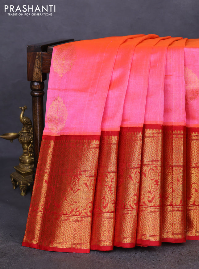Kuppadam silk cotton saree candy pink and red with zari woven buttas and long annam zari woven border