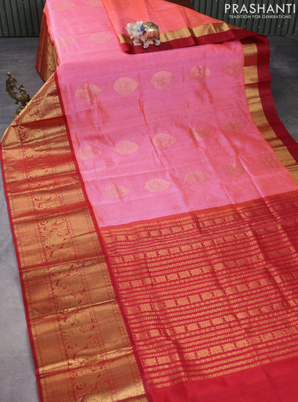 Kuppadam silk cotton saree candy pink and red with zari woven buttas and long annam zari woven border