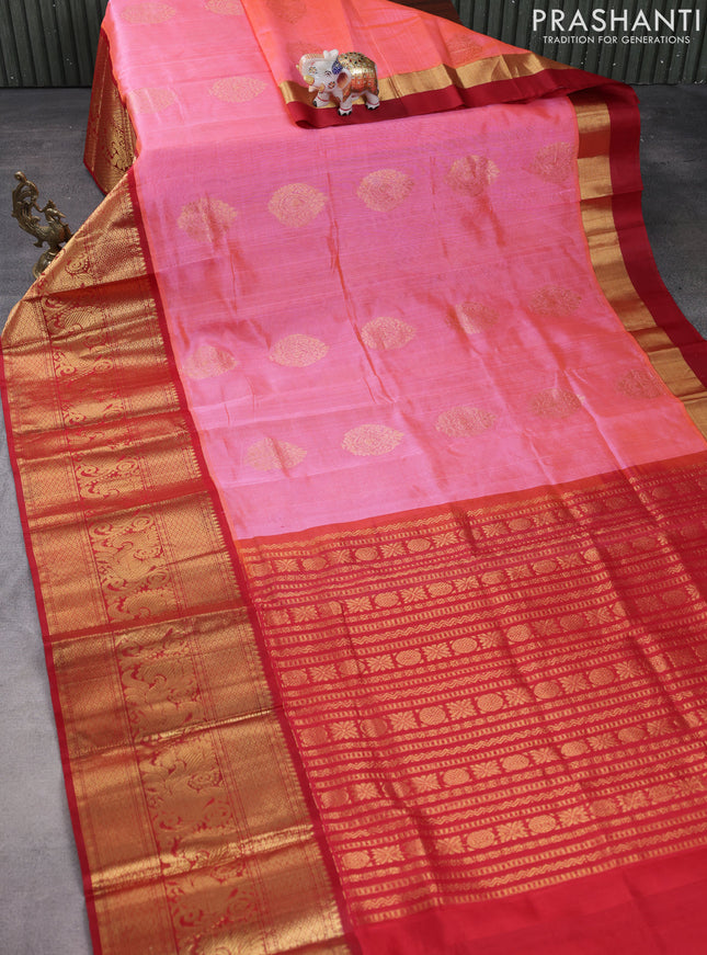Kuppadam silk cotton saree candy pink and red with zari woven buttas and long annam zari woven border