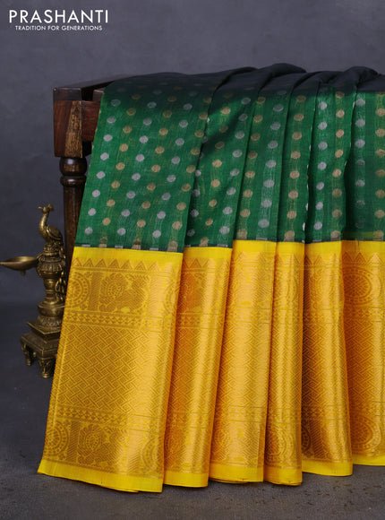 Kuppadam silk cotton saree green and yellow with silver & gold zari woven buttas and long annam zari woven border