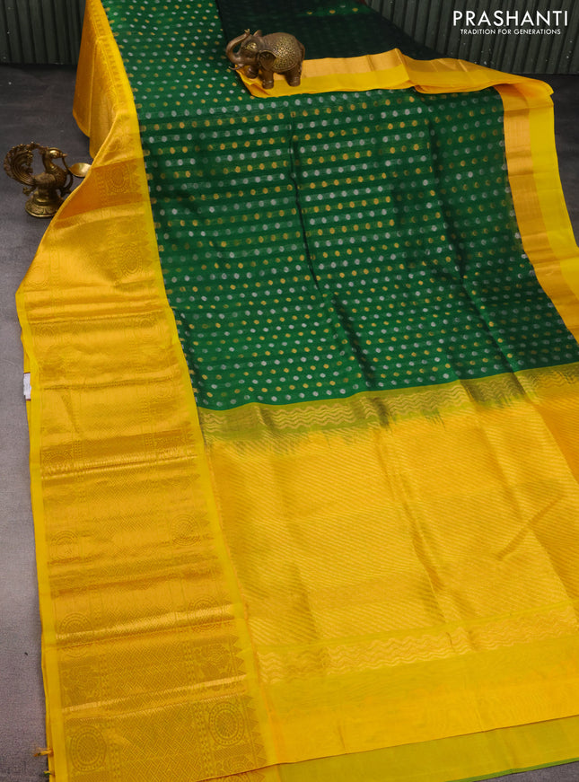 Kuppadam silk cotton saree green and yellow with silver & gold zari woven buttas and long annam zari woven border