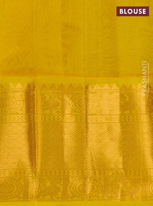 Kuppadam silk cotton saree green and yellow with silver & gold zari woven buttas and long annam zari woven border