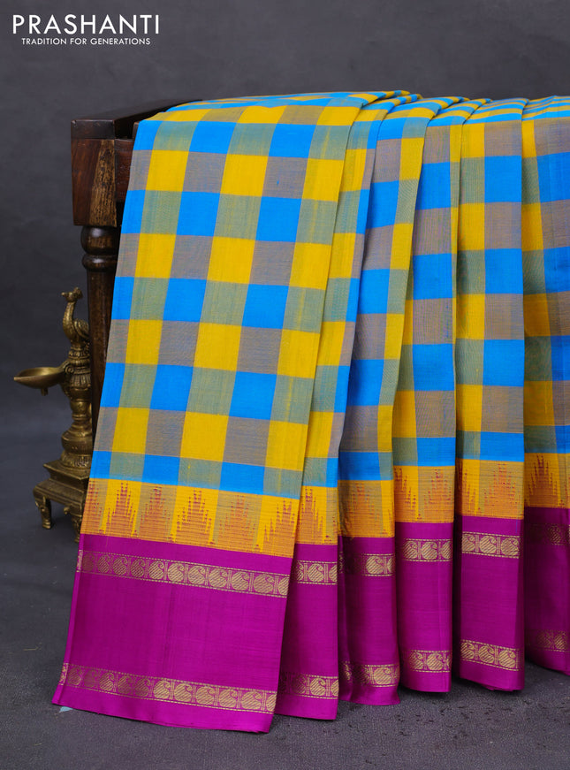 Kuppadam silk cotton saree multi colour and purple with allover paalum pazhamum checks and temple design rettapet zari woven border