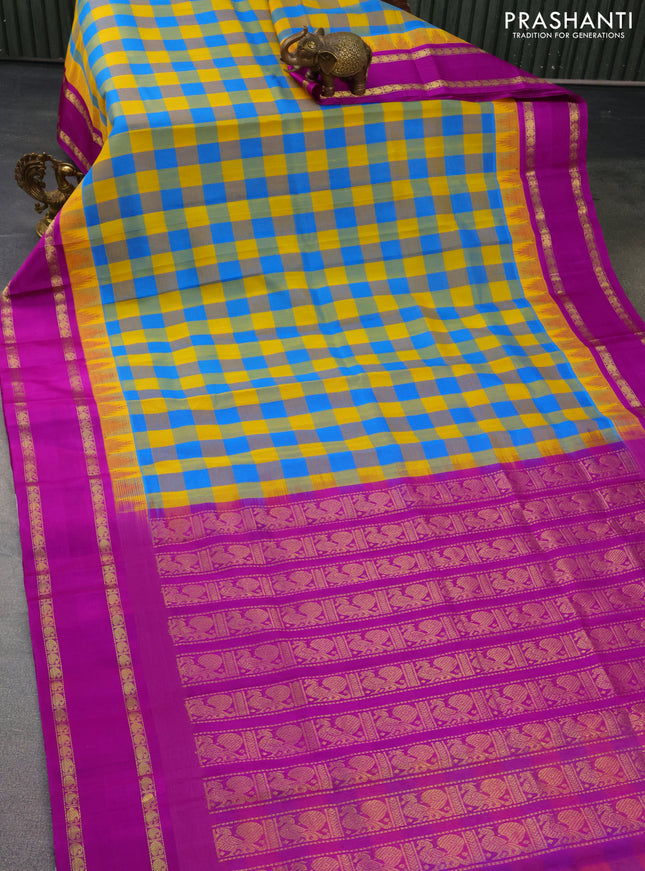 Kuppadam silk cotton saree multi colour and purple with allover paalum pazhamum checks and temple design rettapet zari woven border