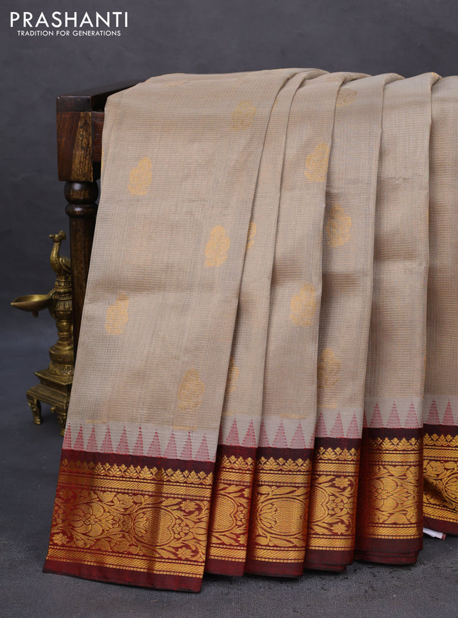 Kuppadam silk cotton saree grey and maroon with allover vairosi pattern & buttas and temple design zari woven border