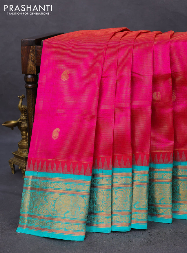 Kuppadam silk cotton saree pink and teal green shade with allover vairosi pattern & buttas and temple design zari woven border