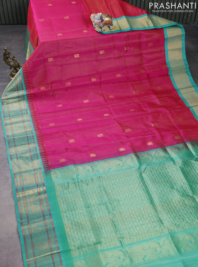 Kuppadam silk cotton saree pink and teal green shade with allover vairosi pattern & buttas and temple design zari woven border