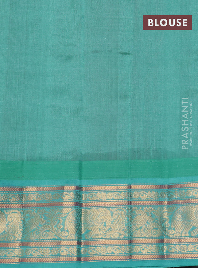 Kuppadam silk cotton saree pink and teal green shade with allover vairosi pattern & buttas and temple design zari woven border