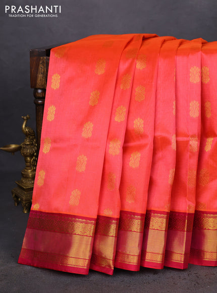 Kuppadam silk cotton saree peach orange and pink with zari woven paisley buttas and zari woven border