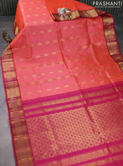 Kuppadam silk cotton saree peach orange and pink with zari woven paisley buttas and zari woven border