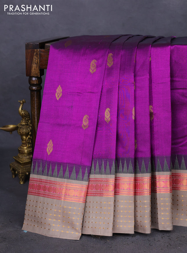 Kuppadam silk cotton saree purple and beige with zari woven buttas and temple design zari woven border