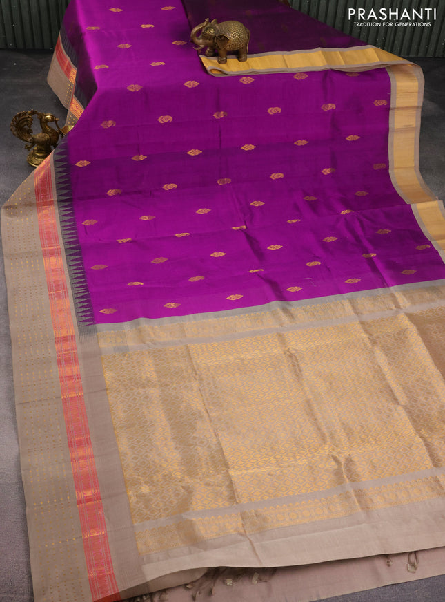 Kuppadam silk cotton saree purple and beige with zari woven buttas and temple design zari woven border