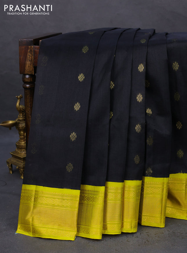 Kuppadam silk cotton saree black and lime yellow with zari woven buttas and zari woven border