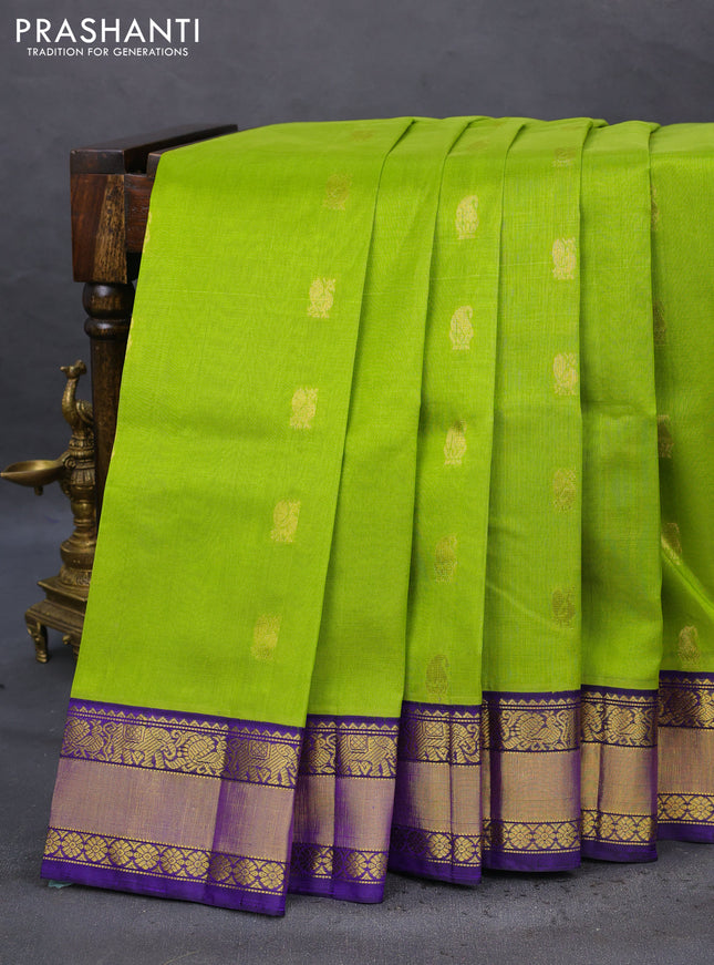 Kuppadam silk cotton saree light green and blue with zari woven buttas and zari woven border