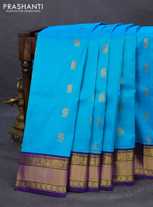 Kuppadam silk cotton saree light blue and blue with zari woven buttas and zari woven border