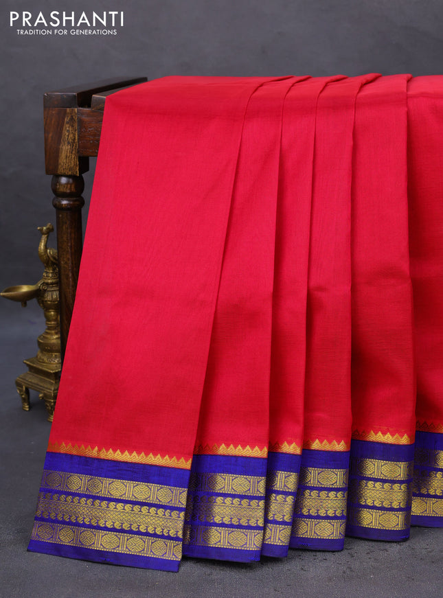 Kuppadam silk cotton saree pink and blue with plain body and zari woven border