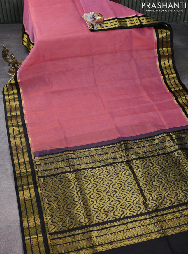 Kuppadam silk cotton saree peach pink and black with plain body and zari woven border
