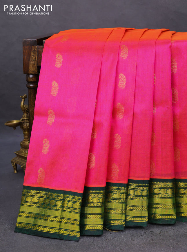 Kuppadam silk cotton saree dual shade of pink and green with zari woven paisley buttas and zari woven border