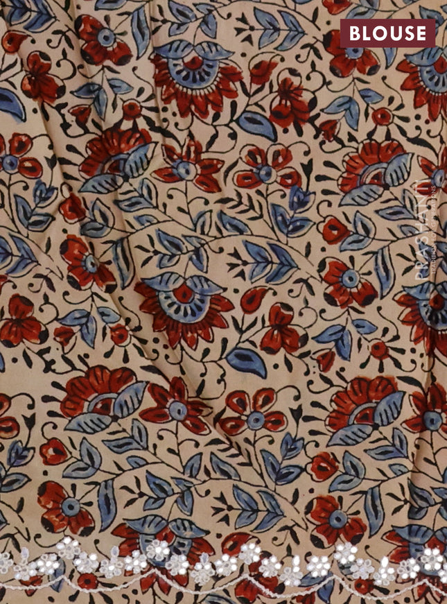 Satin crepe silk saree orange and beige with mirror work and ajrakh printed blouse