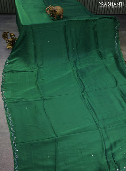Satin crepe silk saree green and black with mirror work and ajrakh printed blouse