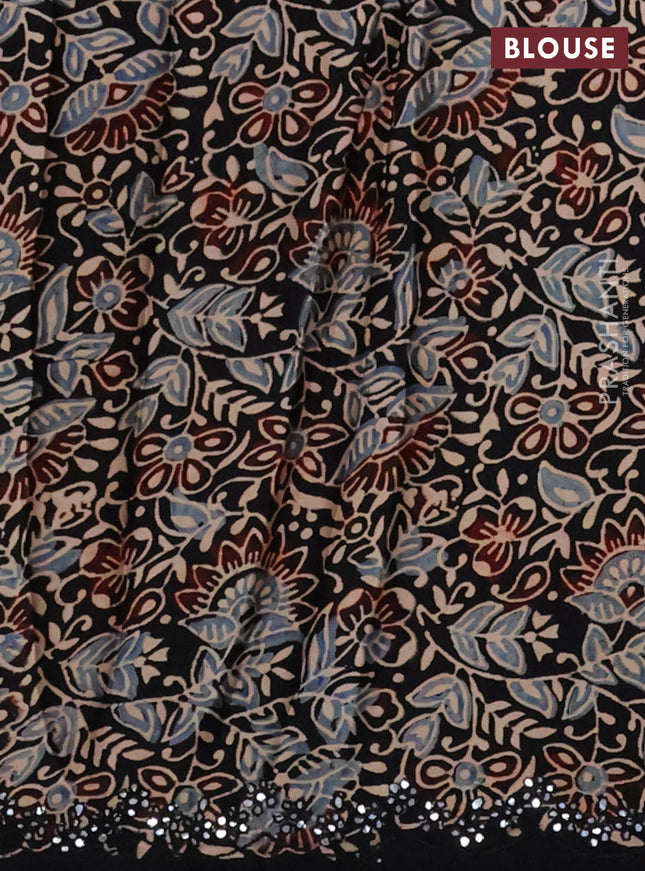 Satin crepe silk saree green and black with mirror work and ajrakh printed blouse