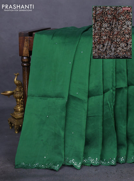 Satin crepe silk saree green and black with mirror work and ajrakh printed blouse