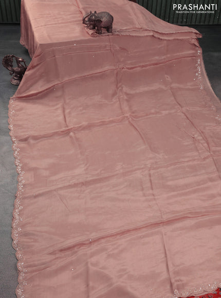 Satin crepe silk saree sandal and maroon with mirror work and ajrakh printed blouse