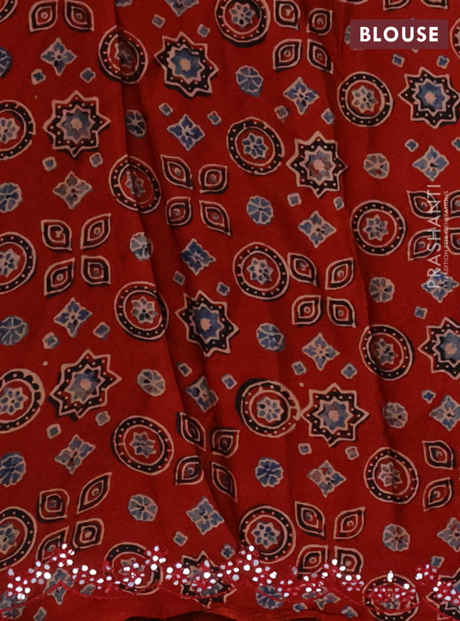 Satin crepe silk saree sandal and maroon with mirror work and ajrakh printed blouse