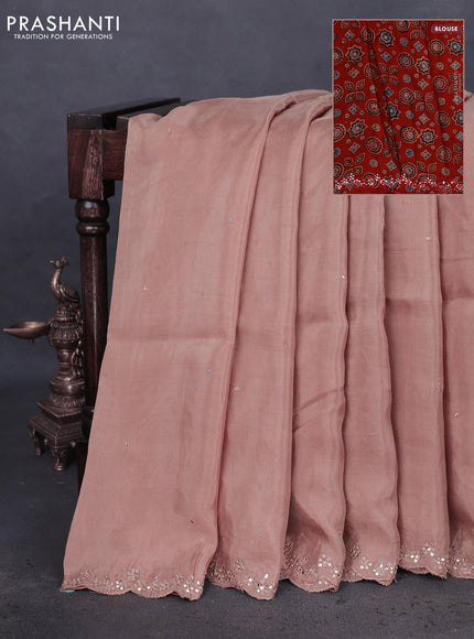 Satin crepe silk saree sandal and maroon with mirror work and ajrakh printed blouse