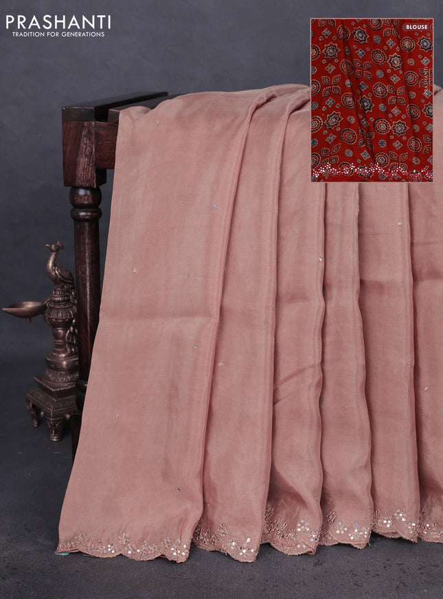 Satin crepe silk saree sandal and maroon with mirror work and ajrakh printed blouse