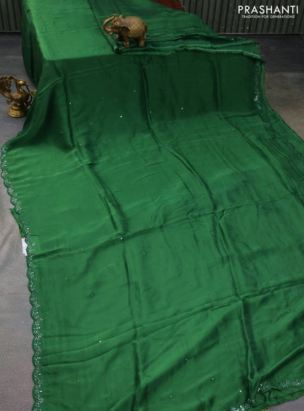 Satin crepe silk saree green and yellow with mirror work and ajrakh printed blouse