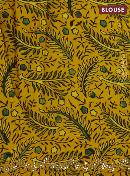 Satin crepe silk saree green and yellow with mirror work and ajrakh printed blouse
