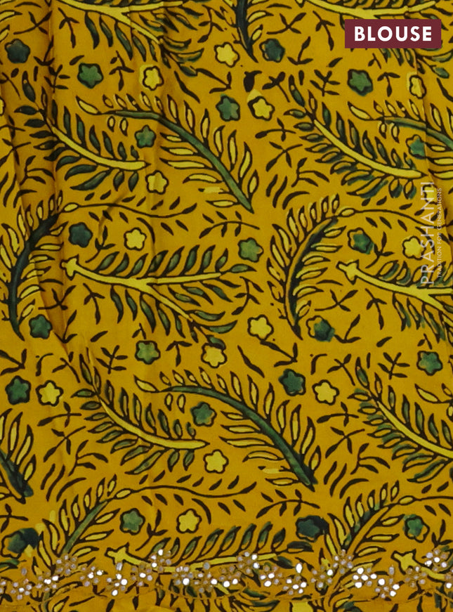 Satin crepe silk saree green and yellow with mirror work and ajrakh printed blouse
