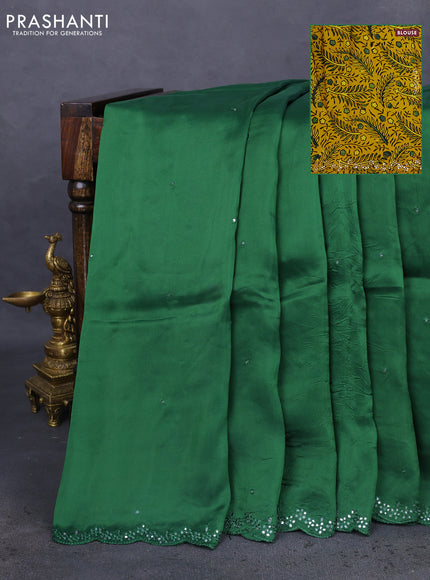 Satin crepe silk saree green and yellow with mirror work and ajrakh printed blouse