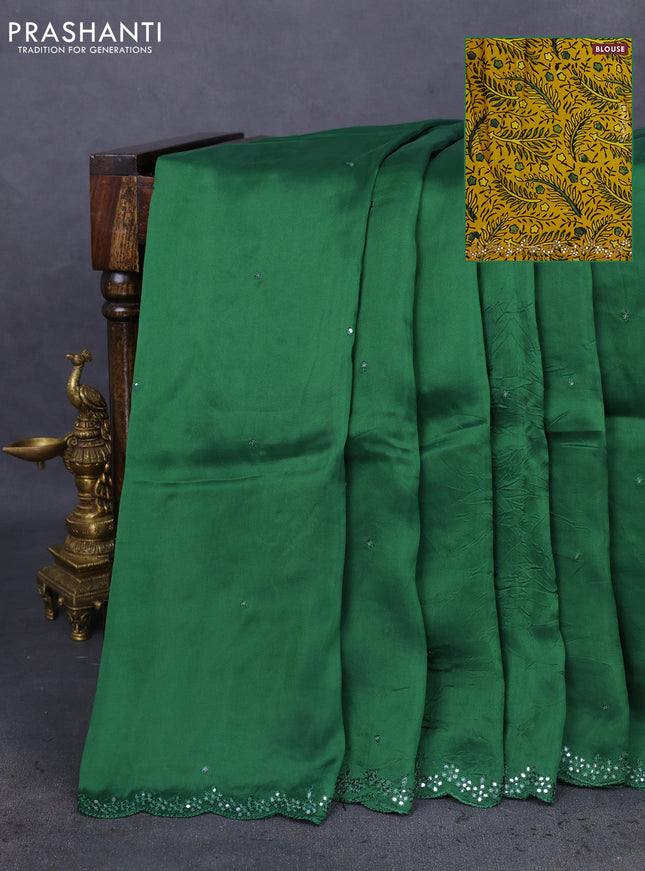 Satin crepe silk saree green and yellow with mirror work and ajrakh printed blouse