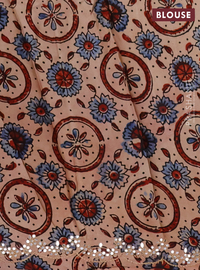 Satin crepe silk saree orange and beige with mirror work and ajrakh printed blouse