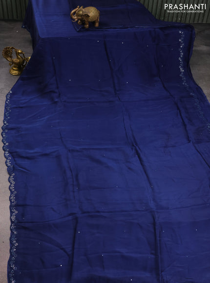 Satin crepe silk saree blue and beige with mirror work and ajrakh printed blouse