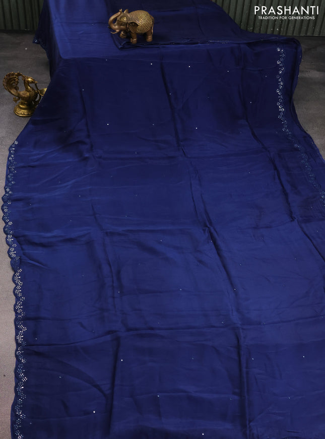 Satin crepe silk saree blue and beige with mirror work and ajrakh printed blouse