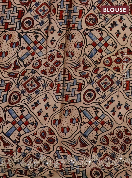 Satin crepe silk saree blue and beige with mirror work and ajrakh printed blouse